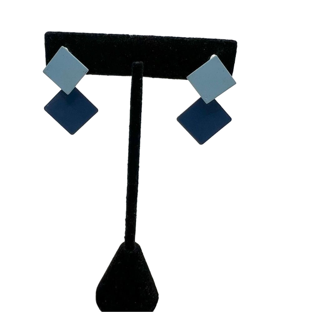 🍭6/$30 Two tone light and navy blue art deco diamond square post earrings
